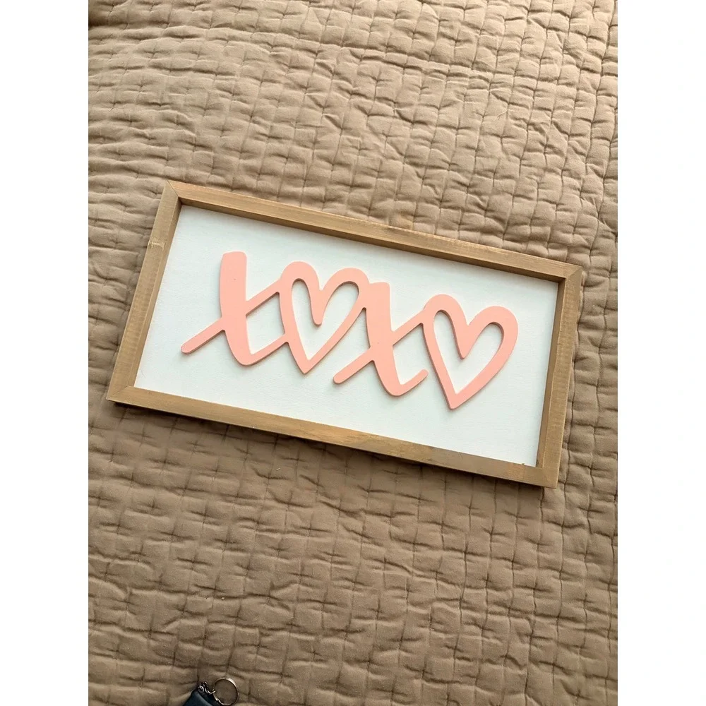 XOXO Heart Wooden Framed Wall Decor Pink White Love 17X9